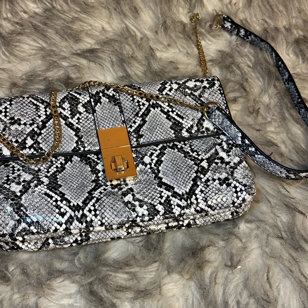 Madison West Black and White Snakeskin Clutch with Gold Accents